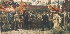 Lienzo con imagen de revolucionarios con Lenin 1964