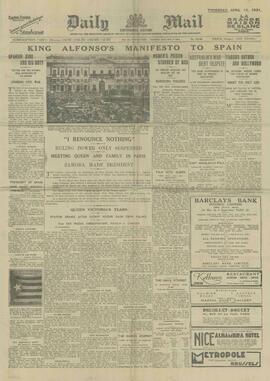Daily Mail. "Manifiesto del rey Alfonso a España". Jueves, 16 abril 1931
