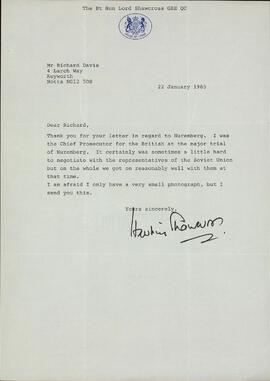 Shawcross, Hartley. Carta a Richard Davie, 22 enero 1985