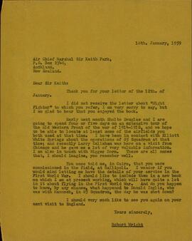 Wright, Robert. Carta a Keith Park, 18 enero 1959
