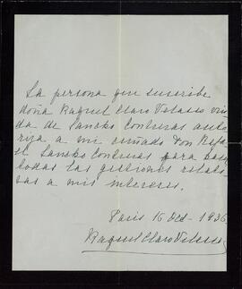 Vapor Uruguay. Sancho Contreras, Eduardo. Nota de Raquel Sancho Contreras (esposa) a Rafael Sancho Contreras, Conde de Montalvo de Aragón (hermano). París, 16 octubre 1936