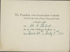 Shaw, M. A. Invitación del H.R.H. duque de Saxe-Coburg y Gotha (presidente de la asociación de amigos germano-británica). 25 junio - 3 julio 1937