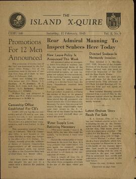 The Island X- Quire. Vol. 2, No. 9. "El Contraalmirante Manning inspeccionará hoy los Seabees" 17 febrero, 1945"