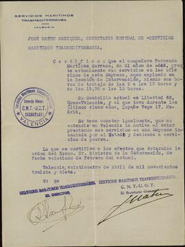Martínez Serrano, Fernando. Certificación laboral. Valencia, 24 abril 1937