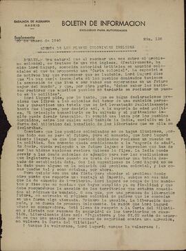 "Acerca de los Planes Coloniales Ingleses". Boletín de información Nº 126. Embajada Alemana en Madrid, 29 de Enero de 1945.