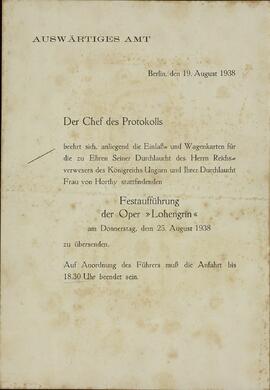 "Ministerio de Asuntos Exteriores. Opera Lohengrin. Berlín, 19 agosto 1938"