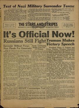 The Stars and Stripes. Periódico diario de las Fuerzas Armadas de EE.UU. en el Escenario Europeo de Operaciones. 9 mayo 1945. "Texto con las condiciones de la rendición nazi."