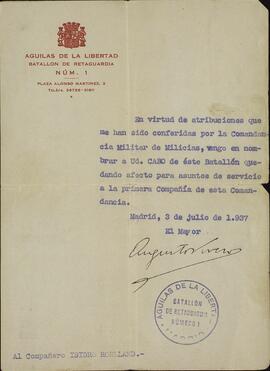Nombramiento como Cabo del Batallón de Retaguardias Nº 1, "Águilas de la Libertad", para el soldado Isidro Rolland. Madrid, 3 de Julio de 1937.