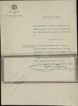 Colección Francisco Franco. Franco Bahamonde, Francisco. Decreto declarando festivos Jueves y Viernes Santo. Salamanca, 22 de marzo de 1937