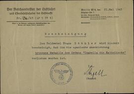 Stähler, Franz. Concesión de la "Orden de Medalla de bronce "Isabel La Católica". Berlín, 21 Mayo 1943