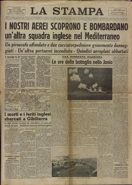 La Stampa. "Nuestros aviones descubren y bombardean otra escuadra inglesa en el Mediterráneo". Turín 13 Julio 1940