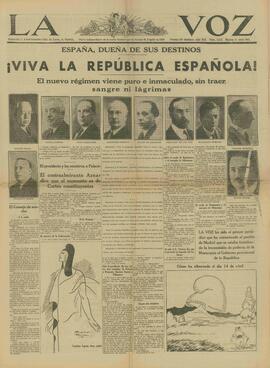 La Voz. "España, dueña de sus destinos / ¡Viva la República Española!". N.º 3212. Martes, 14 abril 1931. (Proclamación de la República).