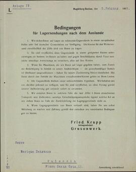 "Cartas de la organización extranjera del NDASP a Heinrich Behrmann: Circular de la empresa Friedrich Krupp sobre las condiciones para los envíos de mercancías al extranjero". 5 febrero 1909