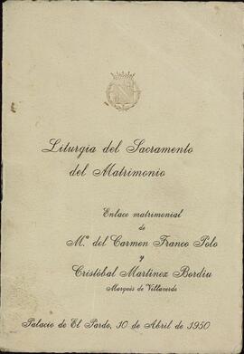 Franco Polo, M.ª del Carmen y Martínez Bordiú, Cristóbal. Liturgia de boda. El Pardo, 10 abril 1950