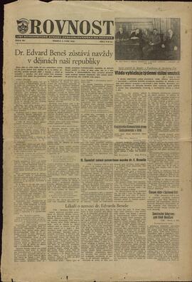Rovnost."El Dr. Edvard Benes permanecerá para siempre en la historia de nuestra República". 5 de septiembre de 1948