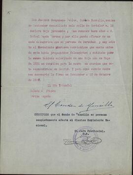 Certificado de Adicción al Movimiento del Tcnel. Rafael de Rueda Moreno, rubricado por Joaquín Campuzano Avilés (Conde de Mansilla) y certificado por el Jefe Provincial de FET y de las JONS de Santander (firma ilegible). Santander, 10 de Octubre de 1937