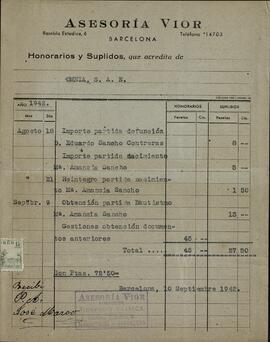 Vapor Uruguay. Sancho Contreras, Eduardo. Recibo. Barcelona, 10 septiembre 1942