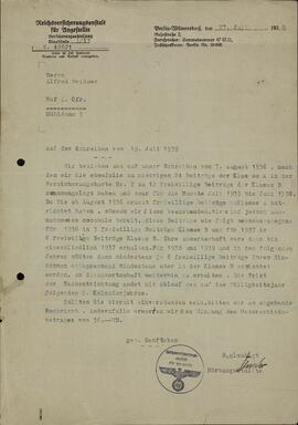 "Carta de la Institución de seguro del Reich para Alfred Weidner". 27 julio 1939