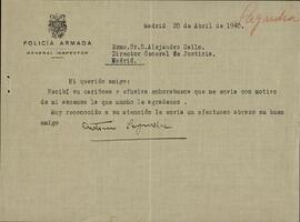 Sagardia, Antonio. A Alejandro Gallo. Madrid, 20 abril 1940