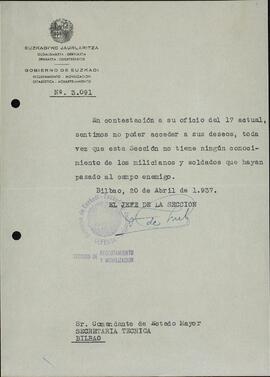 Reclutamiento y Movilización, sección de Gobierno de Euzkadi, sobre fugas hacia campo enemigo. Bilbao, 20 abril 1937.