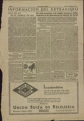 La Vanguardia "En una proclama a la nación alemana, Hitler expresa su fe absoluta en la victoria del Reich" 2 de enero de 1945