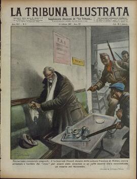 La Tribuna Illustrata. "Terrorismo comunista español - El indistrial Hamel, decano de la colonia francesa de Bilbao, fue arrestado y fusilado por ser sorprendido en un café mientras estaba econdiendo un rosario en su pañuelo". 14 de febrero de 1937.