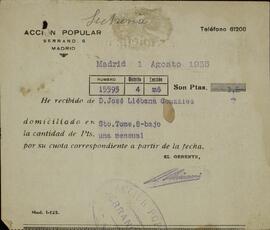 Liébana González, José. Recibos de cuota de Acción Popular: 1 enero 1934 y 1 agosto 1935