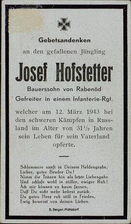 Esquela mortuoria de Josef Hofstetter. 12 marzo 1943