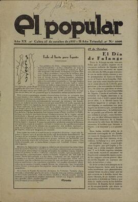El Popular. N.º 1006. "El día de Falange". Cabra, 27 octubre 1937