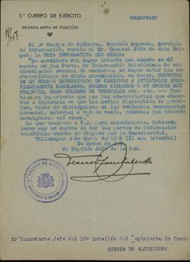 Instrucciones sobre los partes de información telefónicos. Villamayor, 3 marzo 1938 (Guerra Civil).
