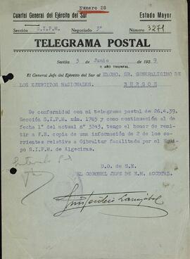 Cuartel General del Ejército del Sur. Gibraltar después de la guerra civil española, defensa de. Sevilla, 3 de junio de 1939.