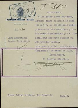 Colección Francisco Franco. Franco Bahamonde, Francisco. Nota de envío de certificado de servicios. Zaragoza, 15 de enero de 1929