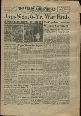 The Stars and the Stripes: Daily Newspaper of U.S. Armed Forces in the European Theater of Operations. 3 septiembre 1945." Los japoneses firman el fin de la guerra."