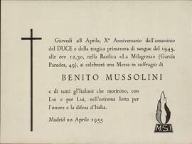 Tríptico y tarjeta de celebración de misa conmemorativa del X aniversario muerte Mussolini