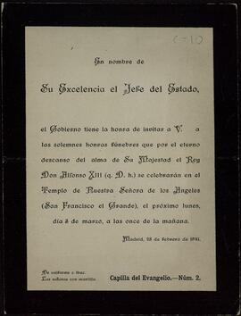 Invitación a las honras fúnebres por el rey Alfonso XIII que se celebran en Madrid el 28 febrero de 1941