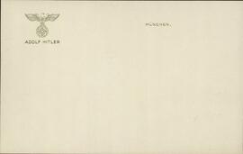 Hitler, Adolf. (1889-1945). Tarjeta cancillería III Reich. Berlín
