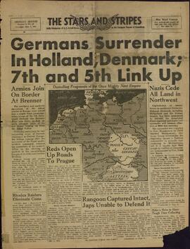 The Stars and Stripes. Periódico diario de las Fuerzas Armadas de EE.UU. en el Escenario Europeo de Operaciones. 5 mayo 1945. "Los alemanes se rinden en Holanda y Dinamarca."