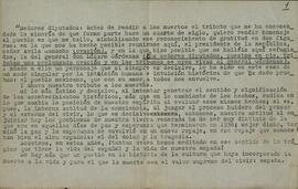 Acta de un discurso pronunciado en 1945 en algún lugar de México (probablemente D.F.) por un diputado español exiliado ante un grupo de compañeros, con especial agradecimiento a D. Lázaro Cárdenas, mostrando esperanza de cambio político en España como consecuencia del término de la Segunda Guerra Mundial