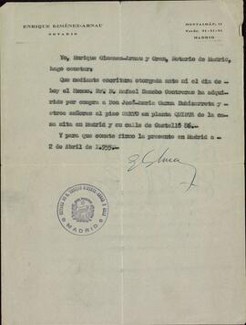 Vapor Uruguay. Sancho Contreras, Eduardo. Certificado notarial sobre la adquisición de un piso. Madrid, 2 abril 1955
