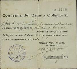Comisaría del Seguro Obligatorio. Factura, n.º 4168. 12 marzo 1936