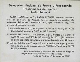 Delegación Nacional de Prensa y Propaganda. Transmisiones del Ejército. Radio Requeté. Anuncio del Comienzo de las Transmisiones. Madrid, 1 de Marzo de 1937