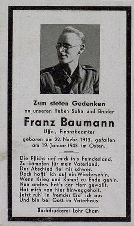 Esquela mortuoria de Franz Baumann. 19 enero 1943