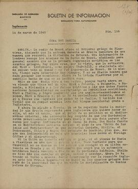 "Otra Vez Grecia". Boletín de información Nº156. Embajada Alemana en Madrid, 14 de Marzo de 1945.