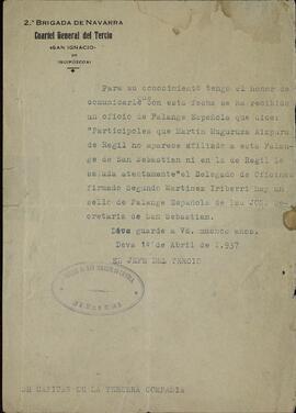 Cuartel General del Tercio. 2ª Brigada de Navarra. Informe sobre Martín Muguruza Aizpuru. Deva, 1 abril 1937.