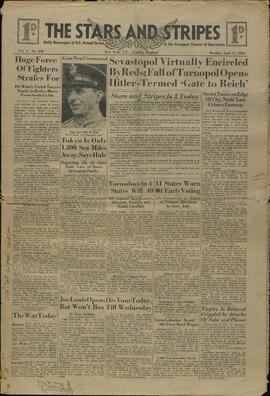 The Stars and Stripes: Periódico diario de las Fuerzas Armadas de EE.UU. en el Escenario Europeo de Operaciones. 17 abril 1944. "Hale dice: Tokio está a sólo 1.800 millas marinas."