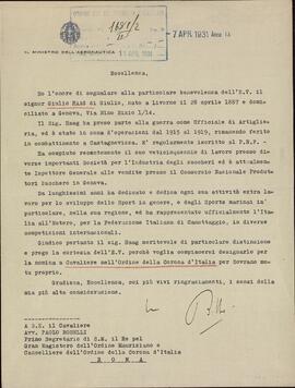 Balbo, Italo. "El Ministro de Aviación". A Paolo Boselli. 7 abril 1931