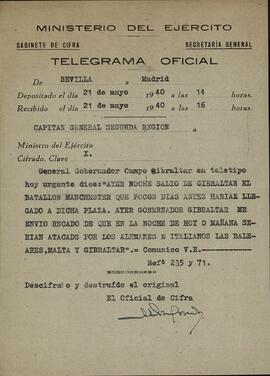 Gibraltar después de la guerra civil, defensa de. 21 de mayo de 1940
