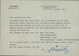 Carta de Karl Dönitz a Emile J. Gex.. 5 marzo 1972
