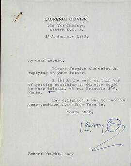 Olivier, Laurence. Carta a Robert Wright, 14 enero 1970