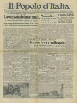 Il Popolo d'Italia. "La gran batalla de Aragón. El avance nacional continúa imparable sobre toda la línea" (Guerra de España y División Italiana de Voluntarios). Domingo, 27 marzo 1938